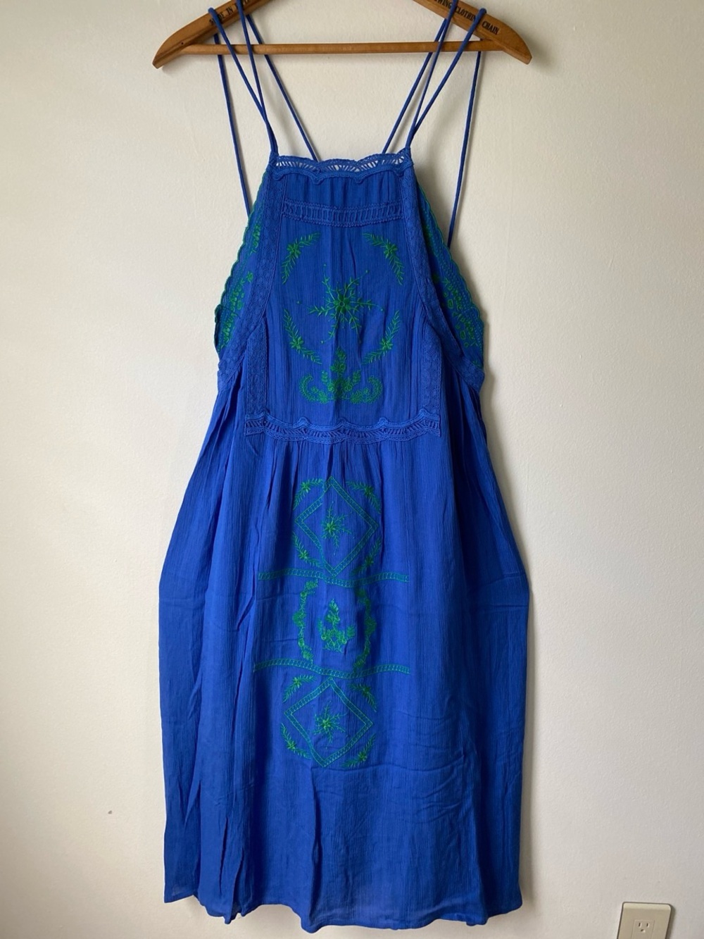 Blue & Green Embroidered Folk Cottagecore Low Cut Back Midi Dress ~ Size S ~ NWT